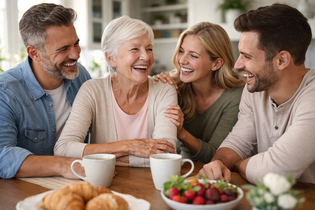 A family sharing coffee and laughter around a kitchen table