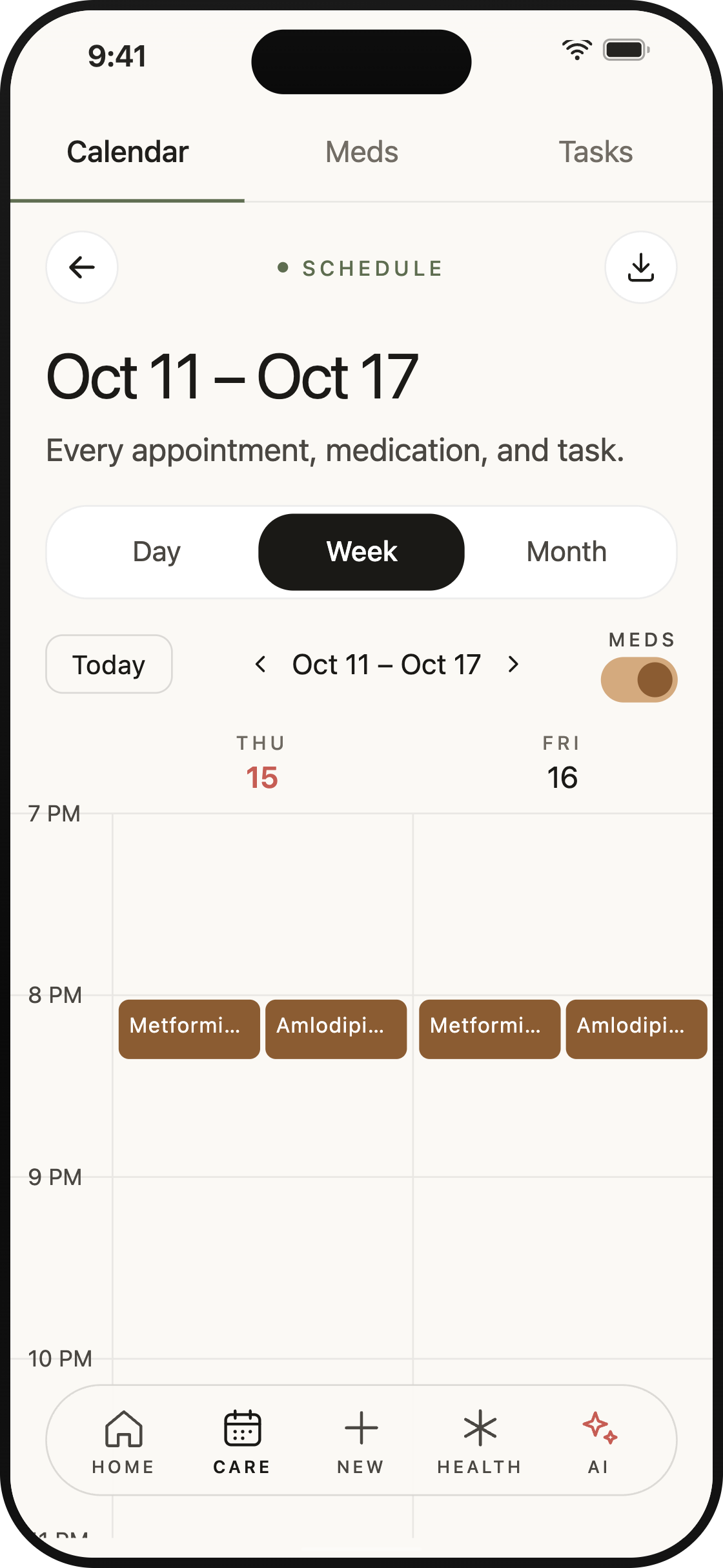 CircleCare shared calendar week with medications on the schedule