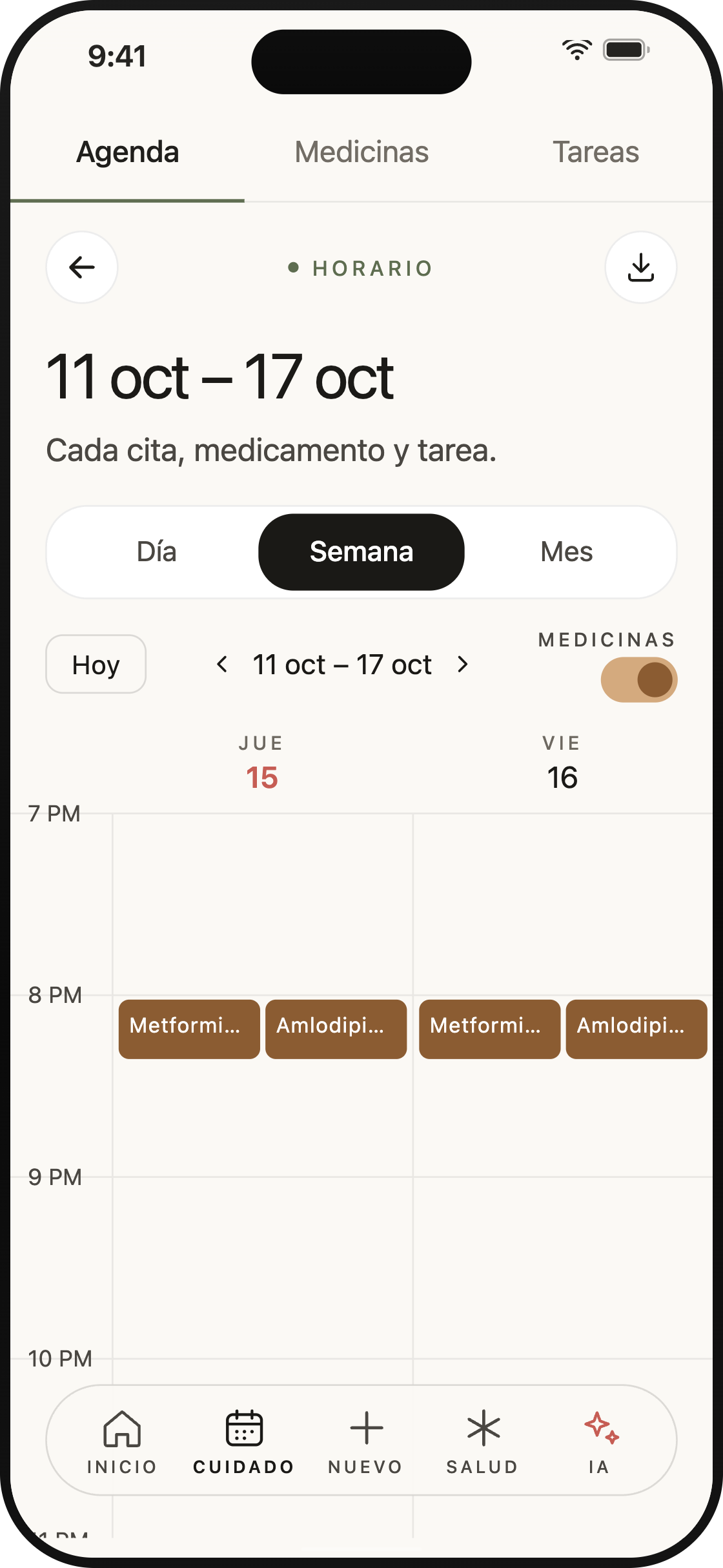 Semana del calendario compartido de CircleCare con los medicamentos en el horario