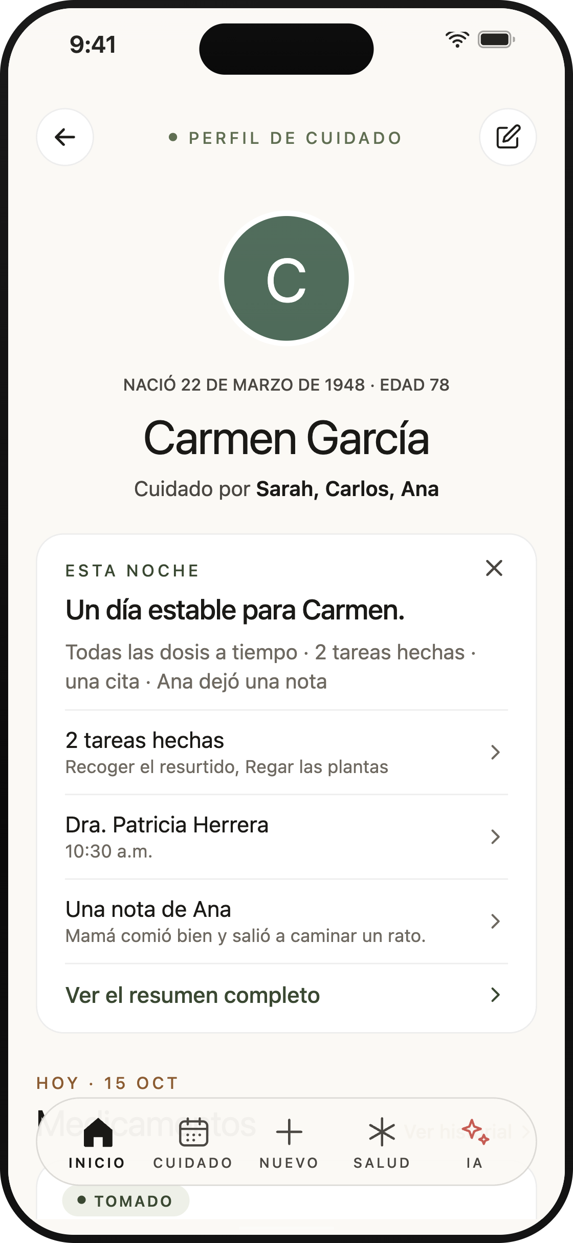 Pantalla de inicio de CircleCare con el resumen del día: un día tranquilo para Carmen
