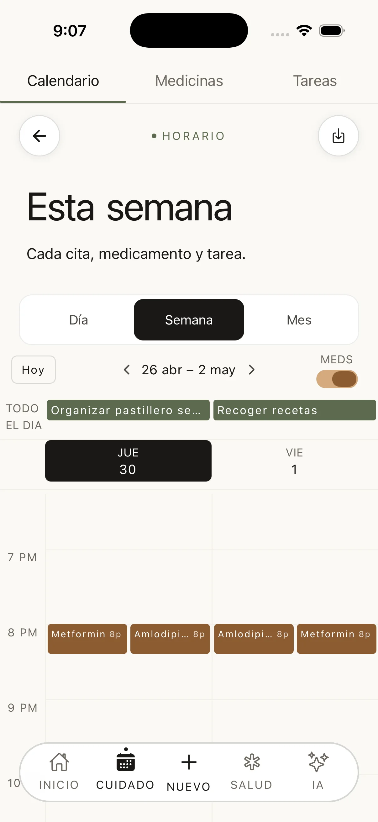 Vista de calendario compartido CircleCare